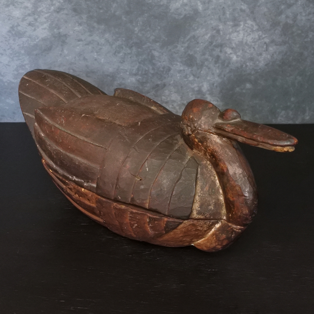 Vintage African Yoruba Nigerian Duck Lidded Bowl Wooden Tribal Folk Art